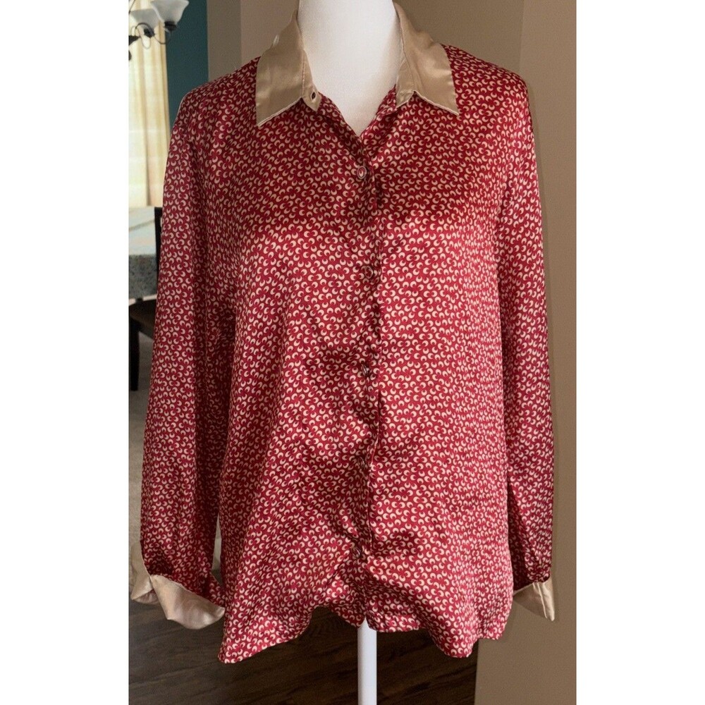 Jones NY Sport Large Women's Gold And Red Patterned Button Down Blouse